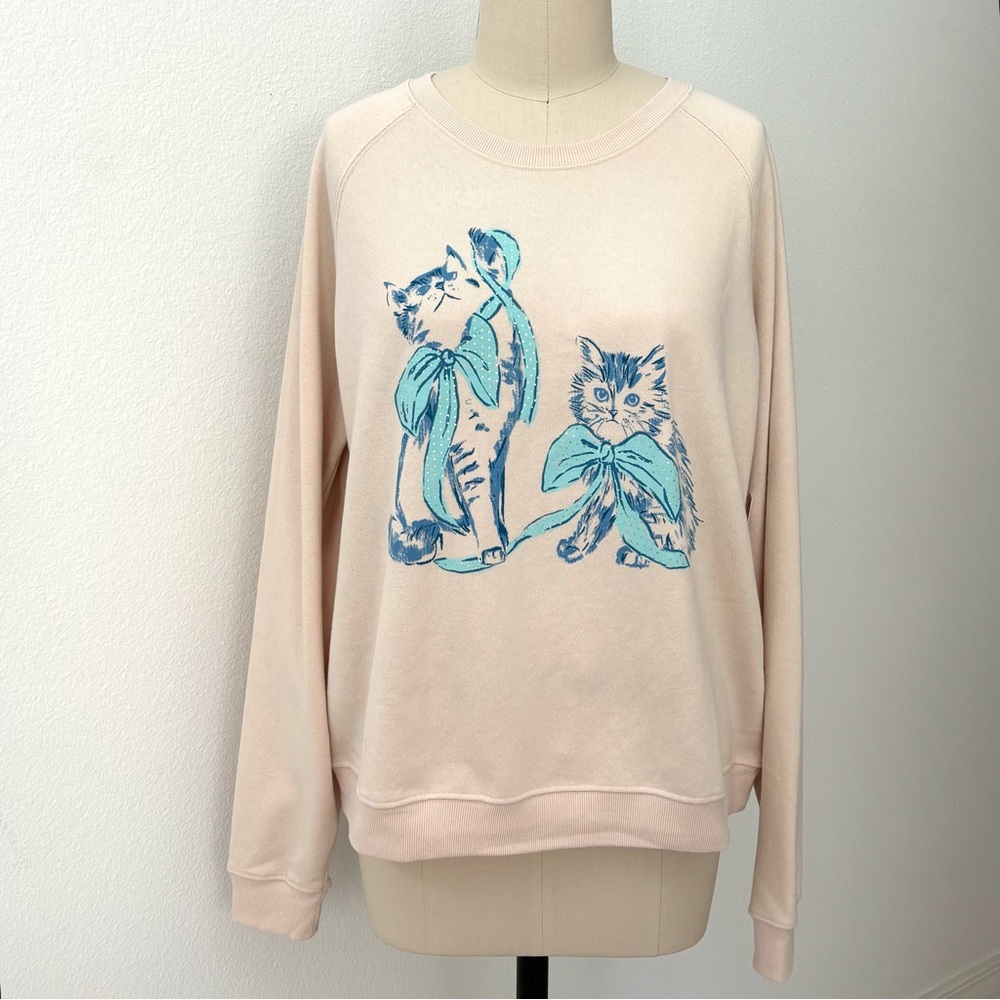 Anthropologie Maeve Cat Sweatshirt NWT Animal Friends Crew Neck Cream & Blue M